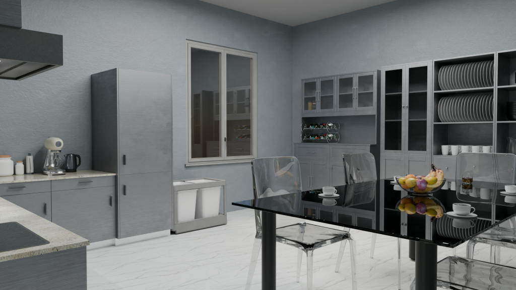 Elegante, moderne Küche mit Glastisch, grauen Schränken und dekorativen Elementen für stilvolles Wohnen.